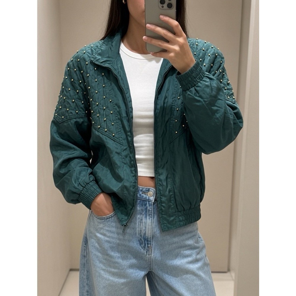Vintage 80s/90s Silk windbreaker Bomber Jacket Gold Studs Quilted Large