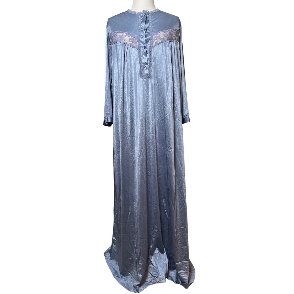 VTG Deadstock NWT Blue Satin Lace Trim Long Sleeve Nightgown Sleep Dress 38-40