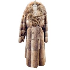 VTG 70s Beaver Fur Patchwork Coat Raccoon Collar Trench Boho Glam S M
