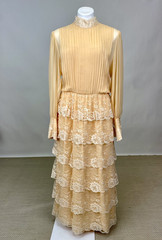Vintage 1980s Designer Adele Simpson Pink Silk Chiffon Dress Lace Trim AS IS