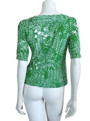 Vtg 70s Ditsy Geometric Floral Print Top Size S Square Neck Cotton Green White