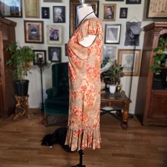 Vintage 90s DBY Floral Print V-Neck Ruffle Hem Midi Dress Orange Tan Womens