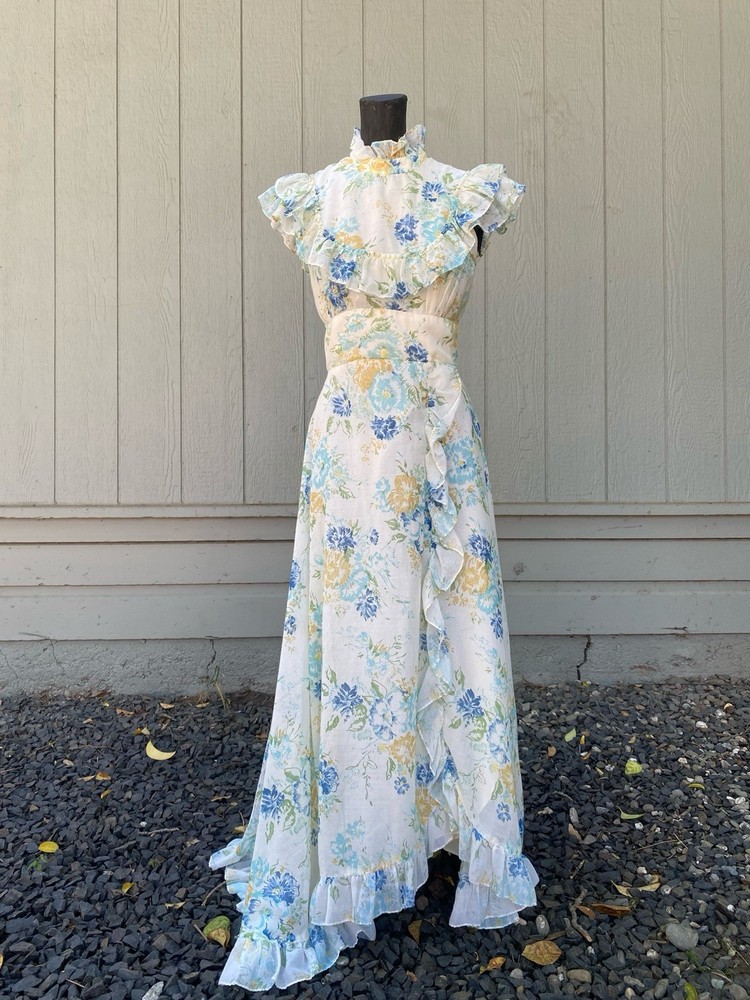 70s Vintage Floral Ruffle Prairie Maxi Dress Cottagecore Boho Romantic Small 26W