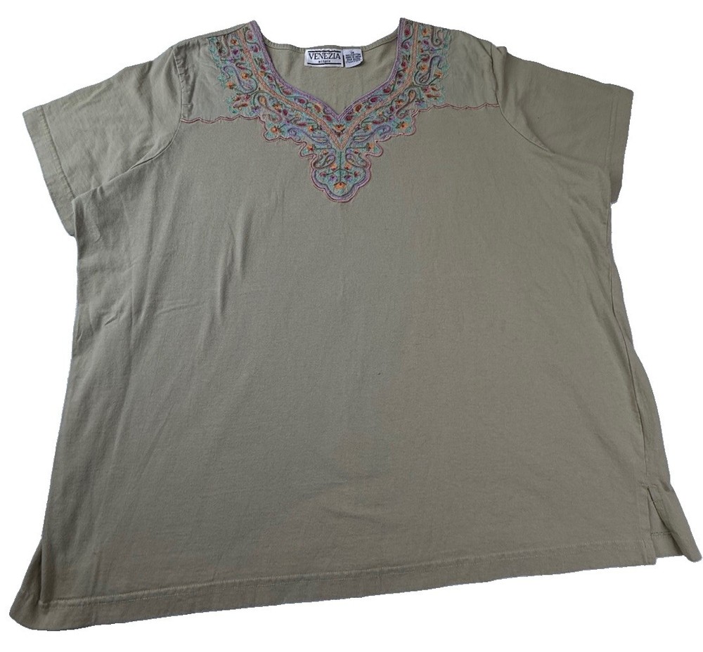 VTG Venezia Womens Plus Sz 1X 100% Cotton Green Tee Embroidered Boxy Boho Rare
