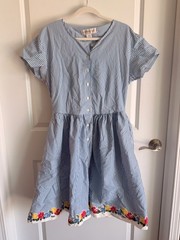Vintage All That Jazz Striped Dress 14 Blue White Floral Hem Cottagecore Cotton