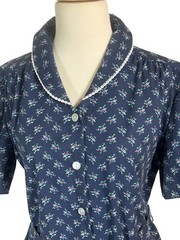 Vintage Nancy Frock House Dress Navy Blue Floral Lace Trim Cottage Rockabilly