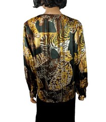 Big Cat Blouse Sz 10 M Vintage Satin Semi Sheer Dress Shirt Lion Tiger Jaguar