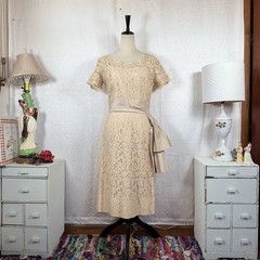 Vtg 60s Cream Lace Silk Tafetta Dress 18/14.5/18 Cottage Core Norman California