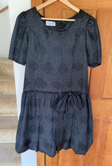 Vintage 80 Black Short Sleeve Dress Bow Puff Rose Print Prom Midi Size 10-12