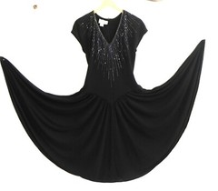 Vtg Ricki Lang for Nuit Swing Dress Midi Black Bead Trim V-Neck CapSleeve Size 8