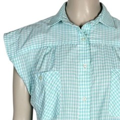Vintage 80s Linnay Blue/White Check Cap Sleeve Button-Down Womens Shirt
