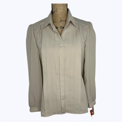 Vtg Nikki Secretary Blouse Taupe Pleated Front Puff Shoulder 80s USA Sz 11/12