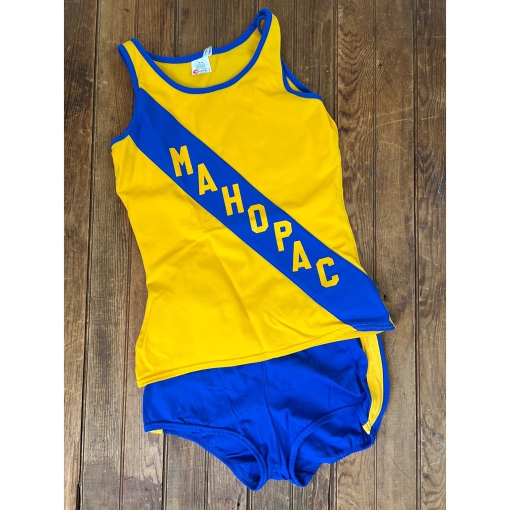 Vintage 1970s Mahopac track gym uniform Blue & Yellow Tank and Shorts Set