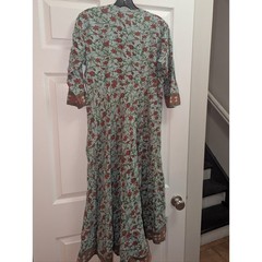 Boho Floral Maxi Dress Large Green Indian Cotton Gauze Kurta Cottagecore