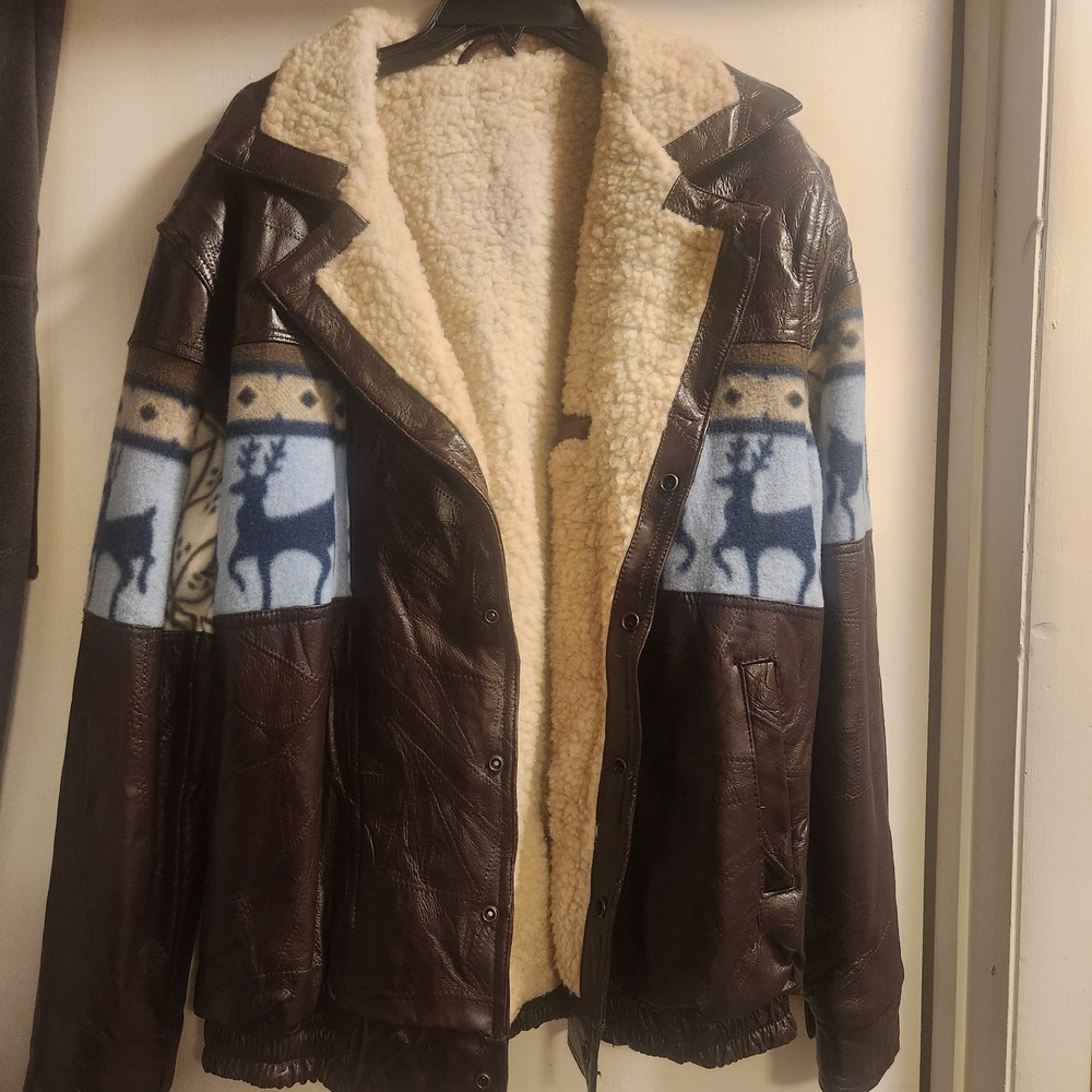 Vintage Leather Bomber Jacket XL Western Aztec Sherpa Flee Southwest Navajo Coat