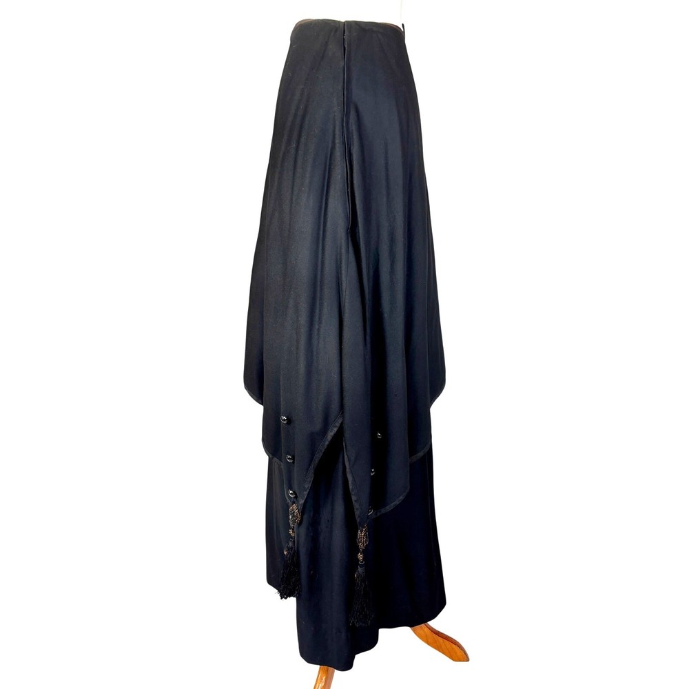 Antique Edwardian Black Wool Mourning Walking Skirt Jet Beads Tassels Tiered