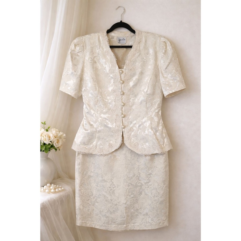 Vintage 80s Ivory Skirt Suit Set Crochet Trim Bridal MOB Wedding 16 Romantic