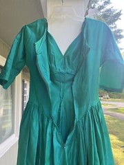 1950’s VTG TURQUOISE SATIN HARRY KEISER SZ XS-S 30” Breast DRESS T-Length USA