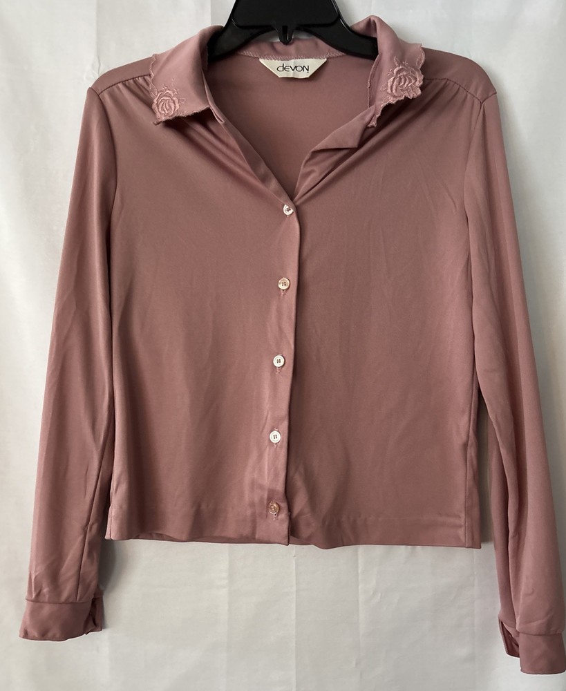 Vintage Devon Mauve Button Up Blouse Embroidered Collar No Size Tag Fits Like S