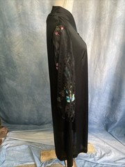 Vtg 60s British Lady Black Union Made Poly Dress Sheer Floral Sleeves 18.5 P M/L