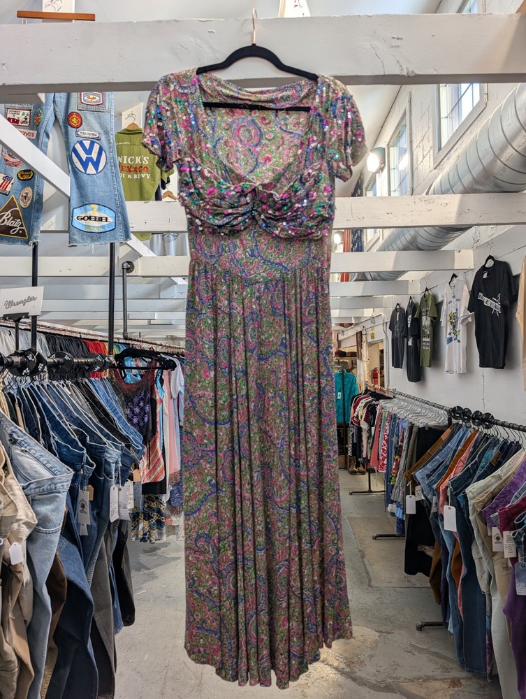 1940’s Cold Rayon Pink Blue Floral Sequin Embellished Dress Side Zip Small