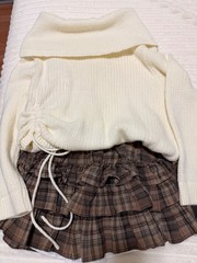 Cream Off-Shoulder Knit Sweater & Brown Plaid Ruffle Skirt Set