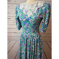 Expo Floral Dress 8 Vintage 80s USA Cottagecore Cottage Prairie Lace Shabby MIdi