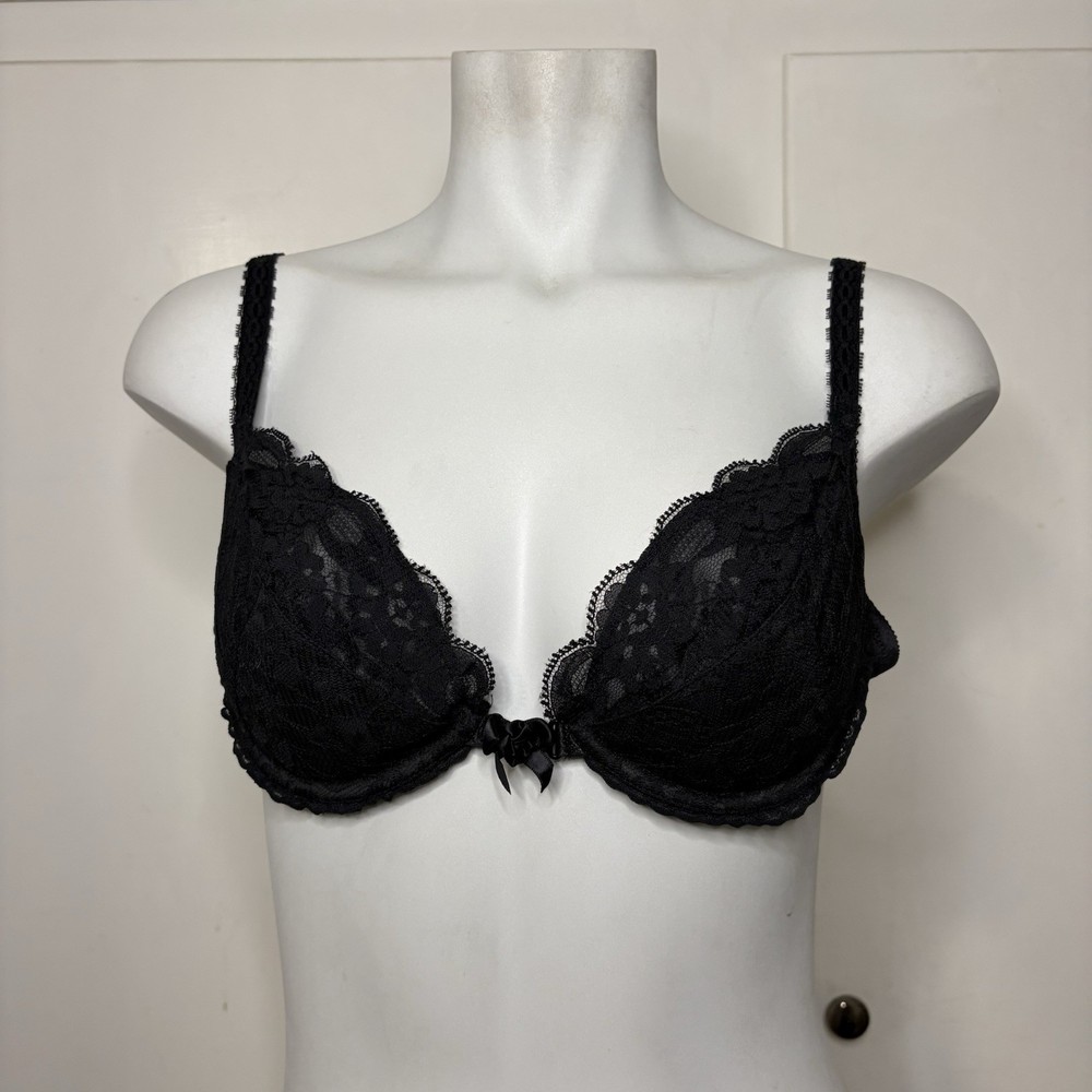 Vintage 90s Black Lace Wonderbra Lightly Padded Underwire Front Clasp Bra 38B