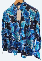 Avon Womens 2X Island Print Rayon Challis Shirt Blue Floral Hibiscus Vtg Stock
