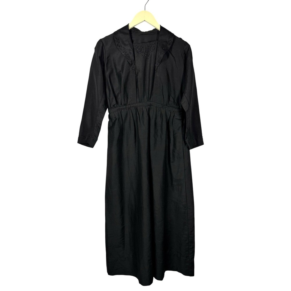 Antique 1910s Edwardian Black Cotton Twill Jet Bead Floral Mourning Dress As Is