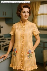 Vintage 60s Yellow Gingham Ruffled Button Up House Dress w/ Embroidered Pockets
