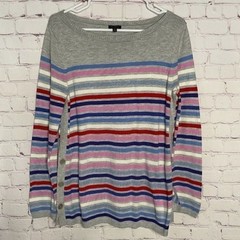Talbots Gray Multi Stripe Side Button BateauNeck Sweater Women M Vietnam