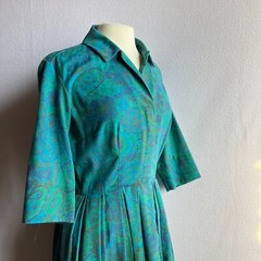 Vintage 1950s Jerry Gilden Turquoise Paisley Short Sleeve Shirtwaist Dress As Is