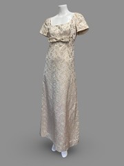 Vintage 1960s Ivory Gold Pastel Metallic Silk Brocade Paisley Regency Dress XS/S