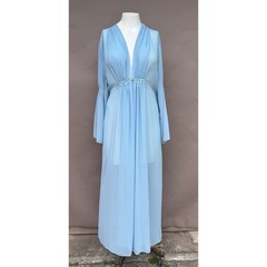 Vintage Blue Sheer Chiffon Maxi Robe Lace Bell Sleeve Button Hollywood Large