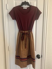 Vintage 70s/80s Toni Todd Burgandy & Tan Dress Colorblock Belted Knit Bodice (S)