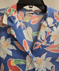 Womens Vintage Koret Blue Tropical Birds Hawaiian Print Shirt Size 10P Made USA