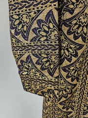 Vintage Gold Floral Brocade Empire Waist Long Dress Blue Purple 32″ Chest Sz S