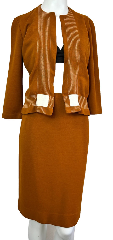 70s Cintura Knit Skirt Suit Size Small Nutmeg Jacket Open Front Top Stitch EUC