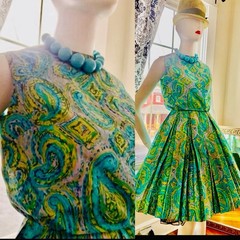 Vtg 50s 60s Bold Print Garden Party Dress Fit & Flair S 36/24 USA Union VLV 🔥