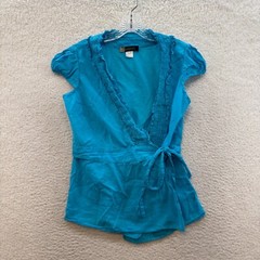 Y2K Vintage Wrap Top Large Aqua Blue Cap Sleeve Boho Fairy Grunge Cottagecore