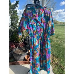 VTG Caliche 80s Abstract Floral Midi Dress Teal Purple Button Front Women 16P