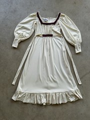 1970s Trolley Car Prairie Dress Balloon Sleeve Velvet Trim Belted Boho S Vintage