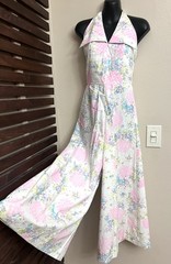 1970s 70s Vintage White Pink Purple Blue Flower Halter Dagger Collar Jumpsuit