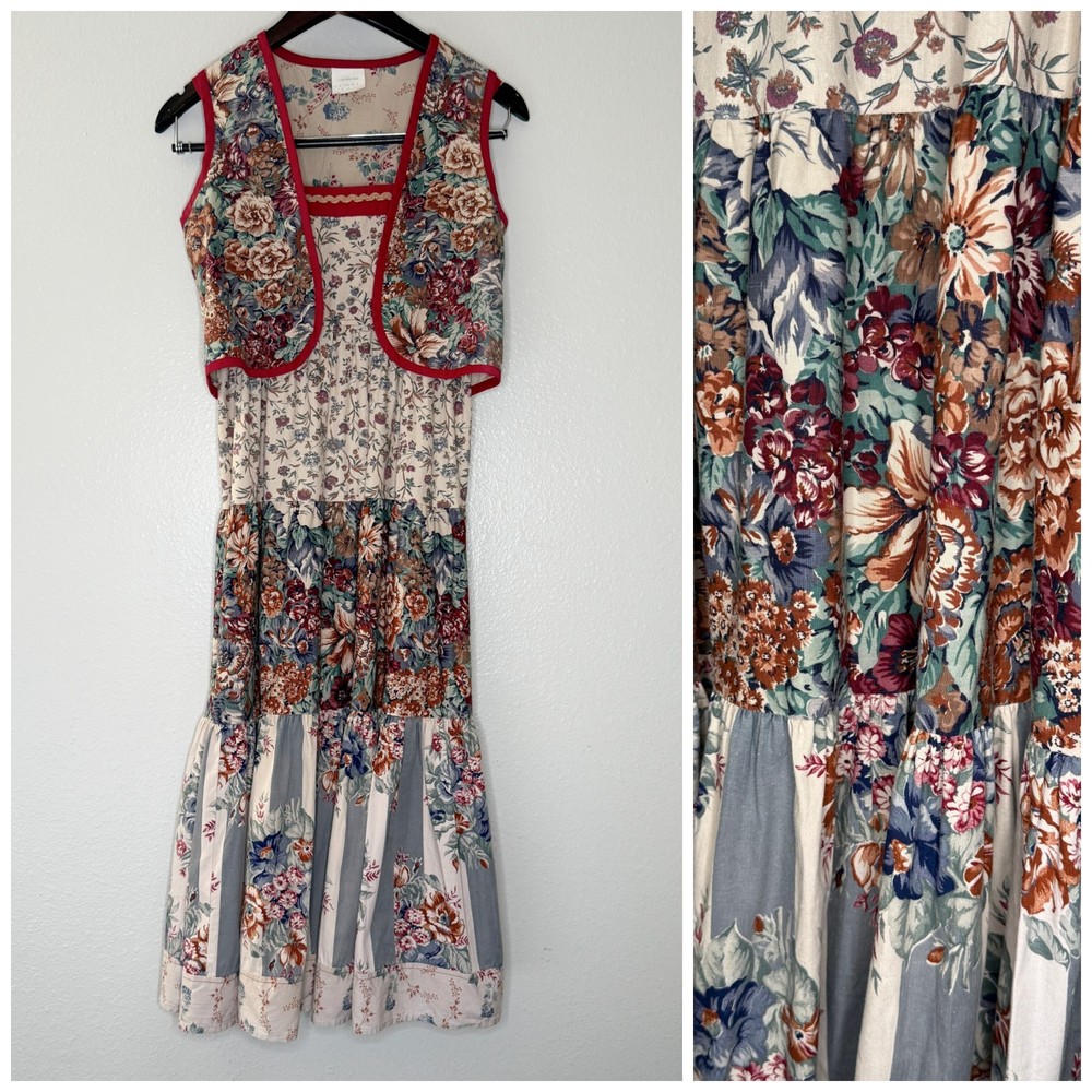 Vintage 70s Two Piece Cottage Floral Prairie Vest Dress Set | Size XXS/XS
