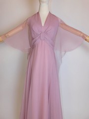 1970s Sheer Blush Chiffon Maxi Dress | Vintage Capelet Gown with Empire Waist