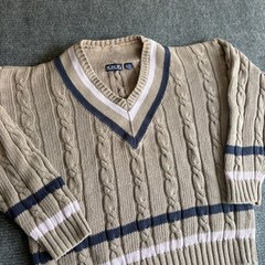 Vintage Honors Women Large Tan Cable Knit V-Neck Striped Ramie Cotton Sweater