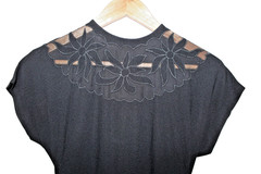 Vtg 1950s 50s Black Crepe Peplum Dress Sheer Floral Lace Illusion Cocktail Small