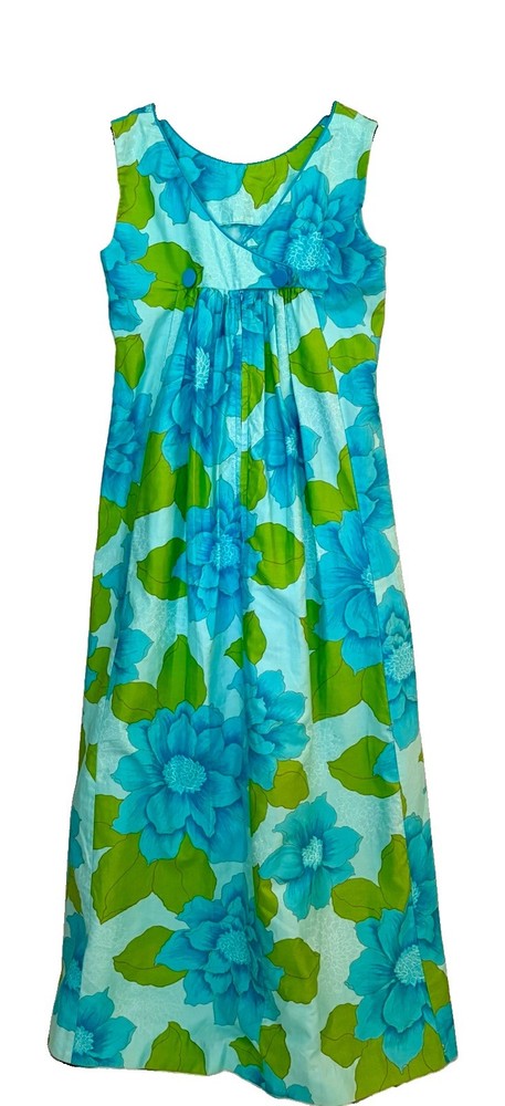 Vtg 60s Alice Polynesian Hawaiian Maxi Dress Watteau Waterfall Back Mod Tiki