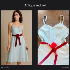 Vintage 40s Pale blue Rayon Faille Slip Dress Scallop Hem Deep Red Velvet Tie Be